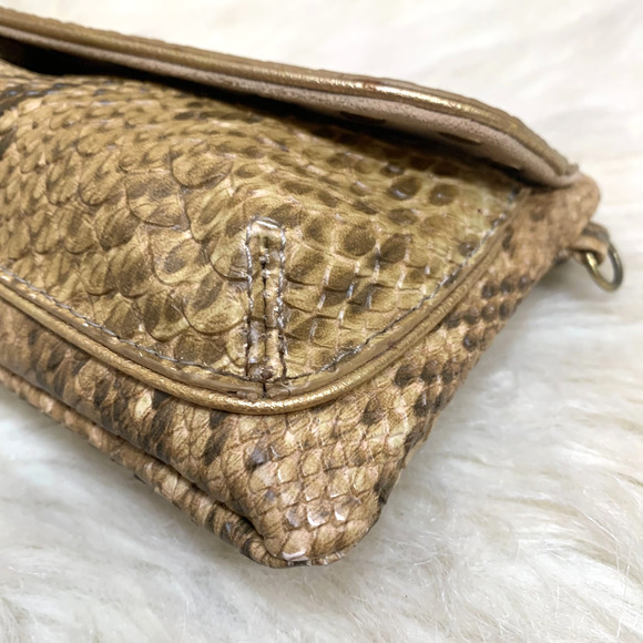 KATHY VAN ZEELAND Olive & Gold Snakeskin Embossed Studded Vintage Flap Clutch/XB - Picture 12 of 13